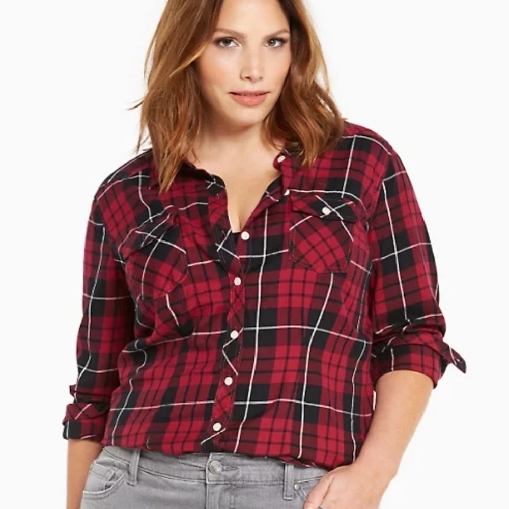 Torrid plaid button down collared camp fall winter warm pink black shirt sz Lg
